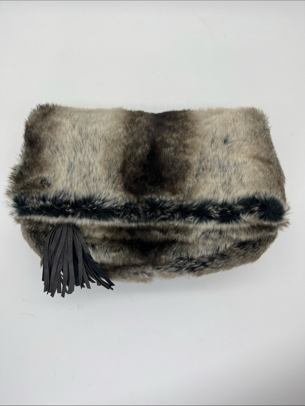 VEGGANI Faux Fur Clutch Bag in Taupe and Black with Tassel